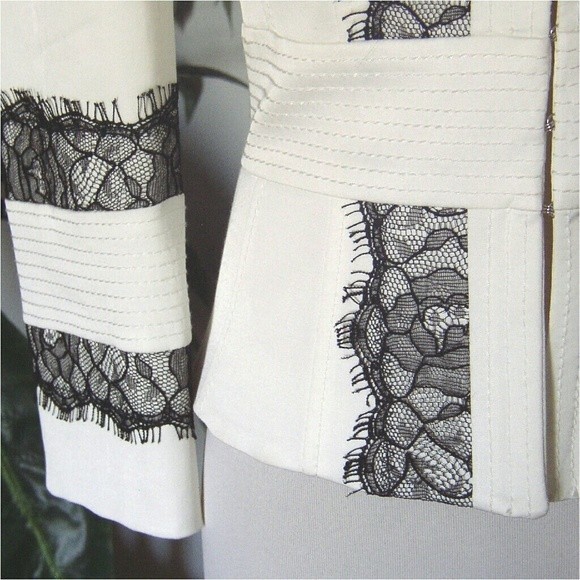 NWT DESIGNER MOTO BLAZER STAND COLLAR OFF WHITE BLACK LACE TRIM SIZE 2 WOMENS 2 - Picture 4 of 12
